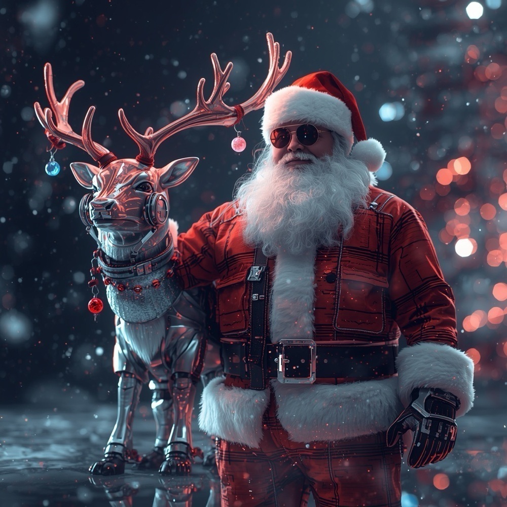 HANDCRAFTED digital art print Festive Santa and Reindeer Holiday Decor wall art